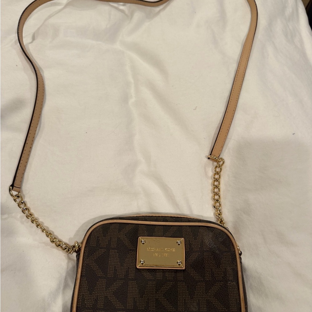 Michael Kors Brown & Tan MK Signature Crossbody with Gold Plate